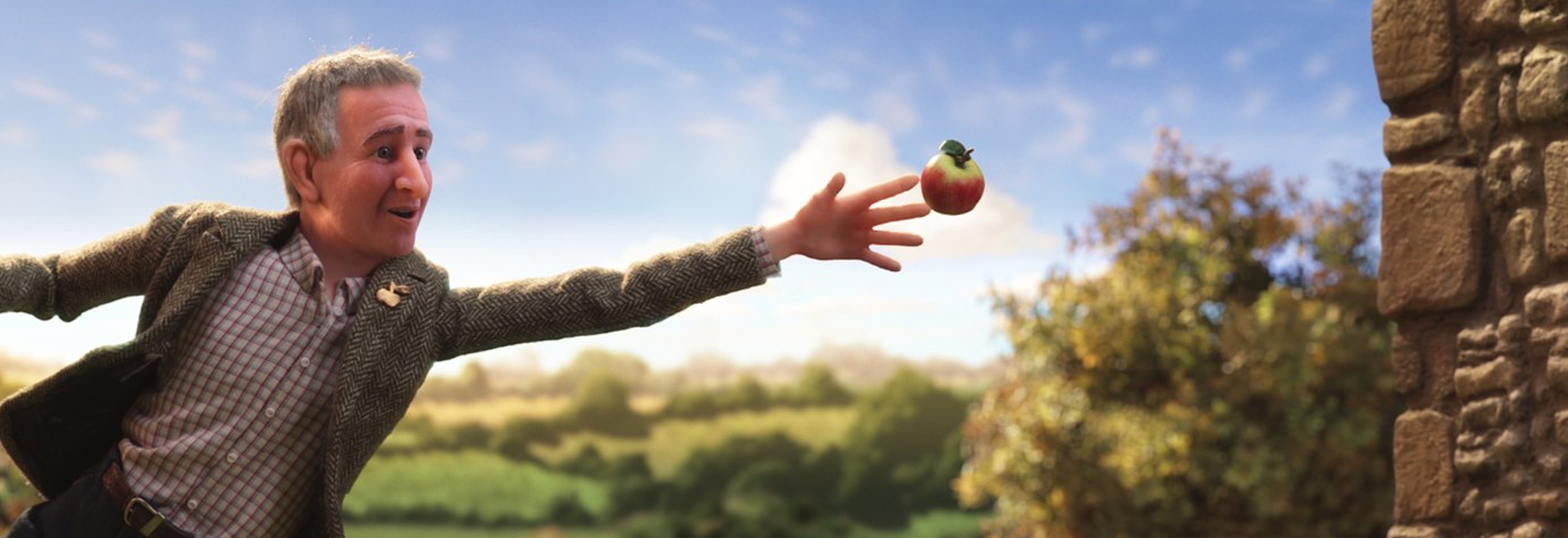 Claymation-style figure of a smiling man reaching for an apple in a countryside setting with trees and stone wall.