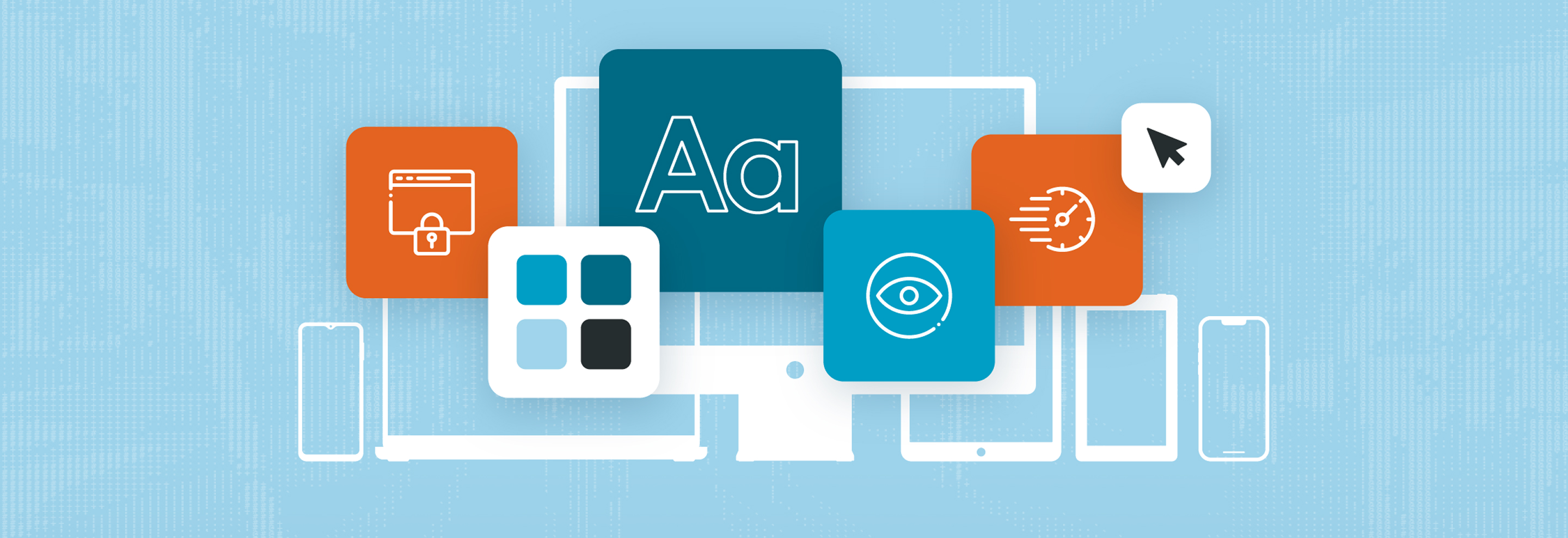 Illustration of digital interface icons over desktop and mobile devices, representing web design and user experience tools.