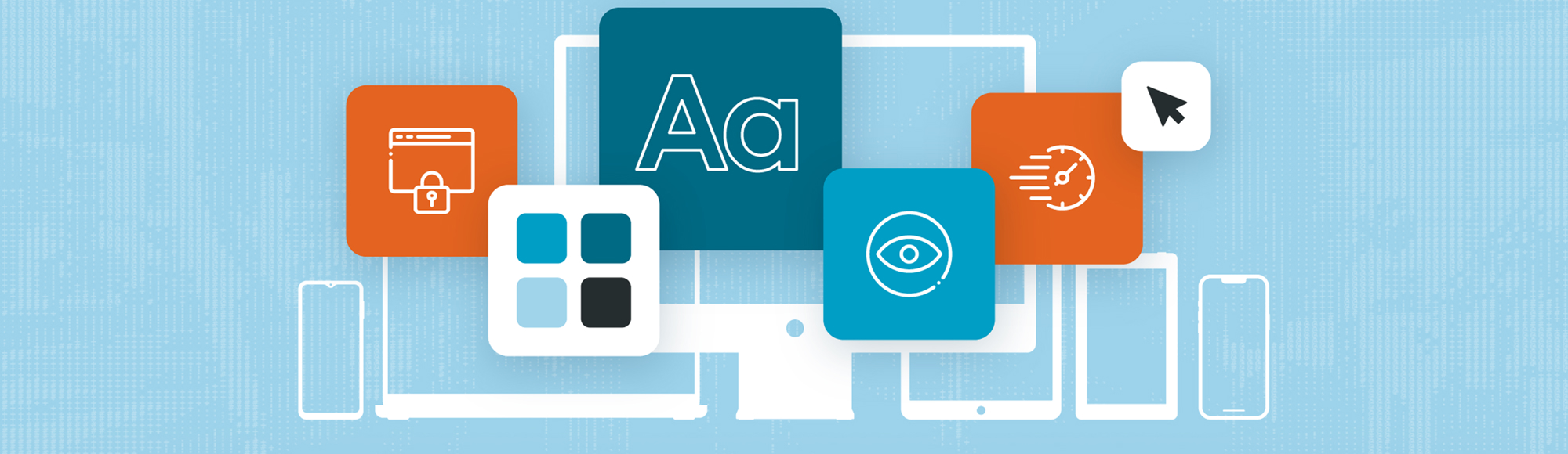 Illustration of digital interface icons over desktop and mobile devices, representing web design and user experience tools.