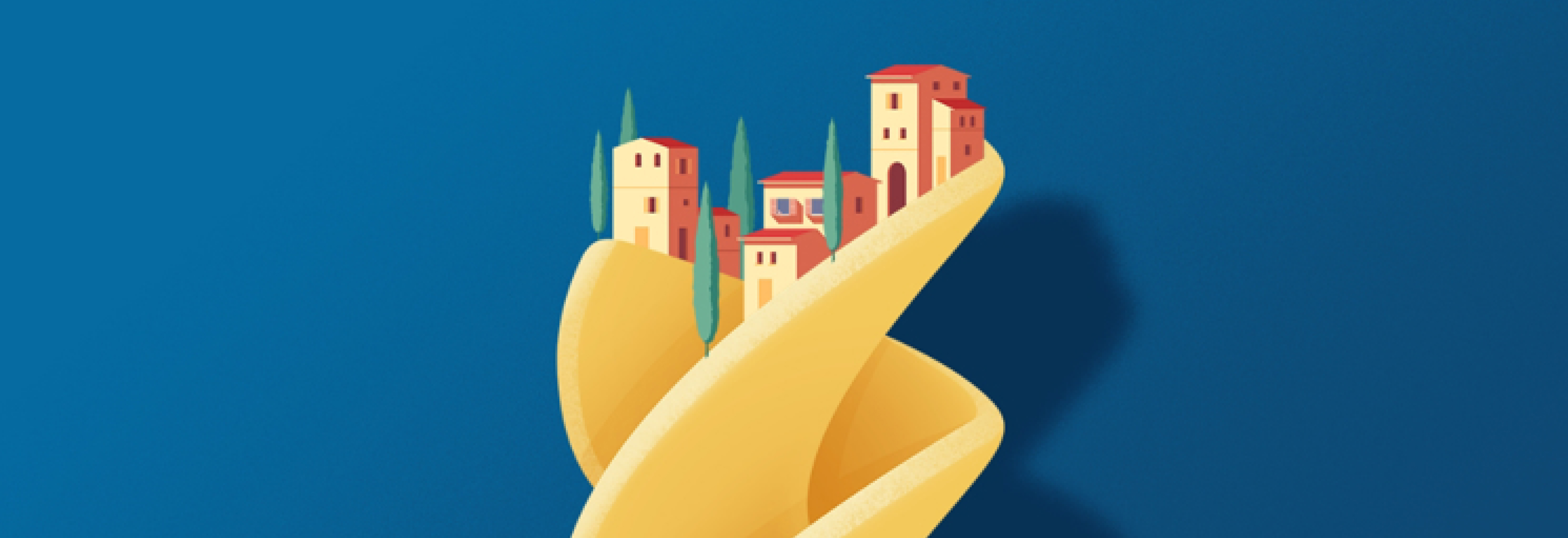 Illustration of Italian-style buildings and trees atop a twisted piece of yellow pasta against a blue background.