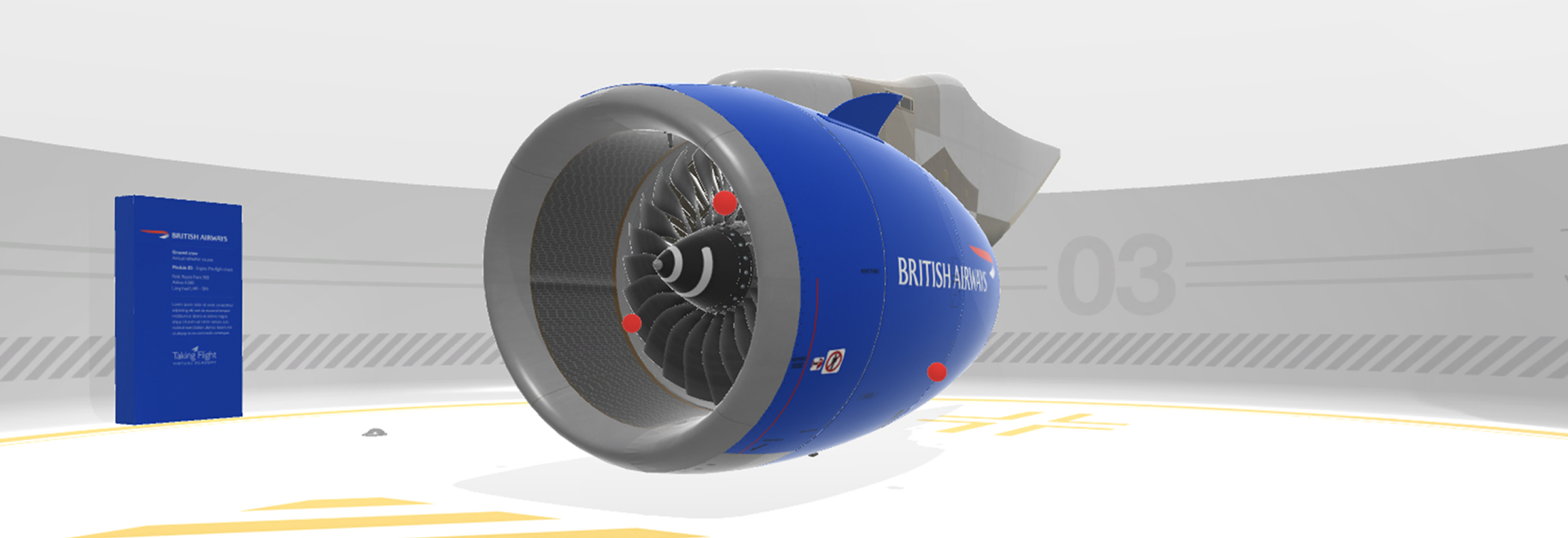 Virtual reality scene showing a blue British Airways jet engine model with an information panel in a sleek exhibition space.